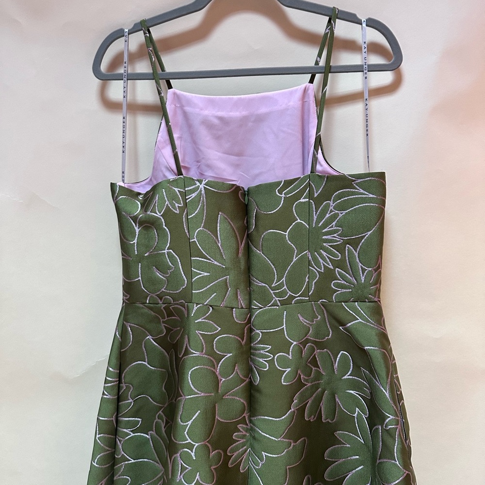 Kay Unger Jada Jacquard Halter Neck Gown Dress Green w/ Pink Embroidery Size  8 - Picture 10 of 13